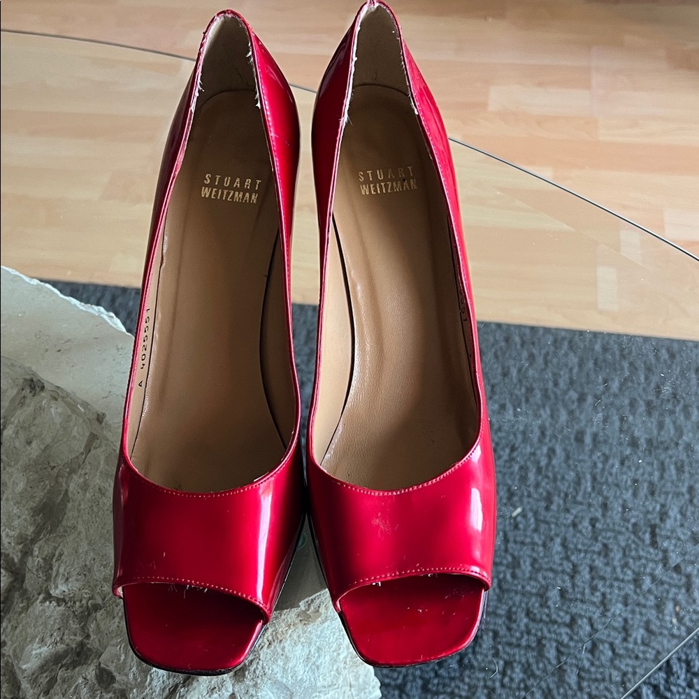Stuart Weitzman Red Patent Leather Peep Toe Pumps Size 9.5 N